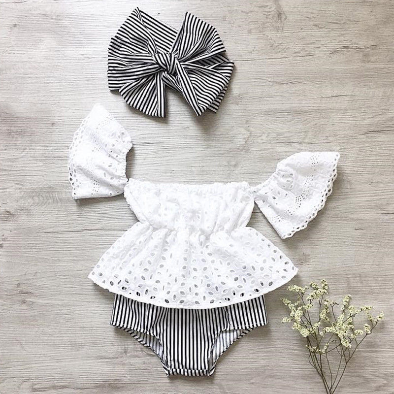 Lace Top with Stripe Shorts 3pc Outfit