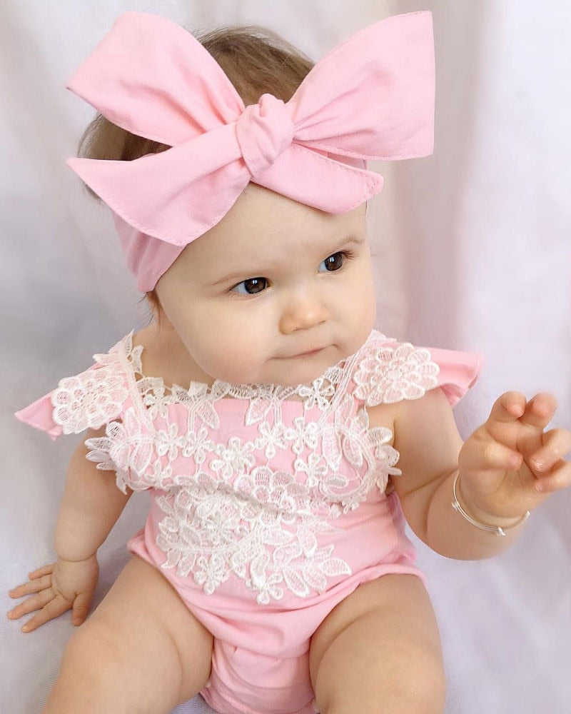 Girls Lace Floral Romper with Bow Headband