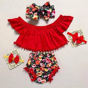 3Pc Floral Crop Top T-shirt & Shorts Set Off Shoulder