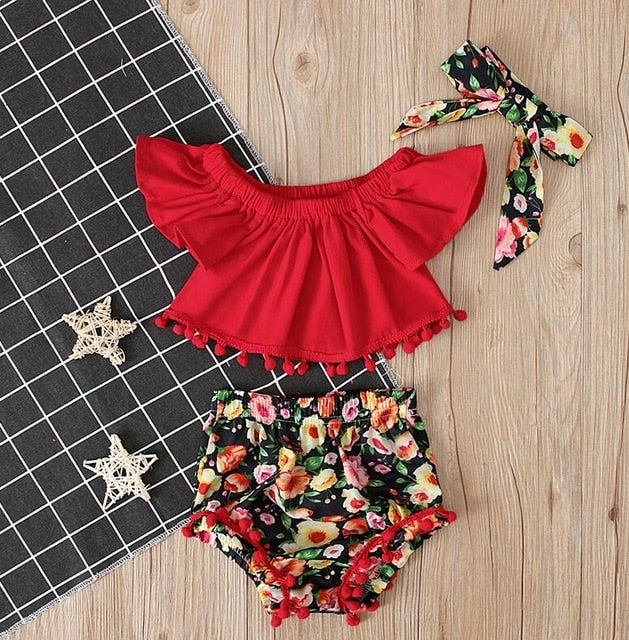 3Pc Floral Crop Top T-shirt & Shorts Set Off Shoulder