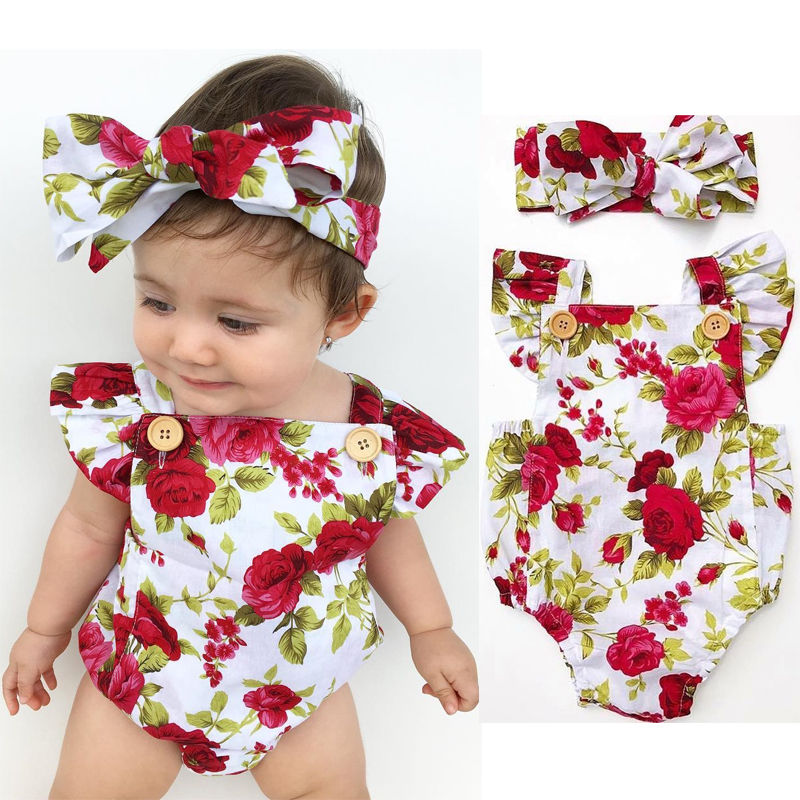 Cute Floral Romper 2pc Romper+Headband 0-24 Months