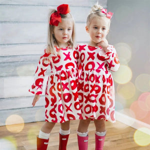 Letter print Dress Sets Toddler Kids Baby Girls Mandarin Sleeve  Valentine's Day wedding Party Dresses sukienki dla dziewczynek